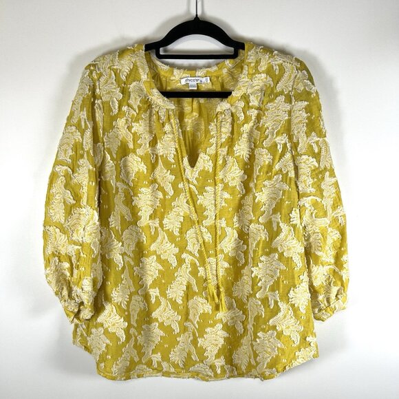 Chicos‎ Shirt Top Womens 14 Yellow Floral Textured Blouse Tassel Boho Boxy - Picture 1 of 9